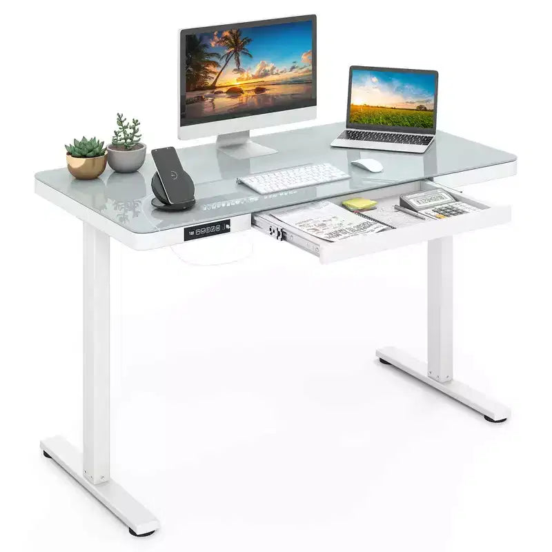 Bureau debout Costway 48 x 24 en verre monobloc avec tiroirs et plateau en verre trempé inscriptible Noir/Blanc