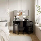 Garvee Makeup Vanity Desk with Lights & Power Outlet-Corner Vanity Table with 5 Rotating Drawers, for Bed Room