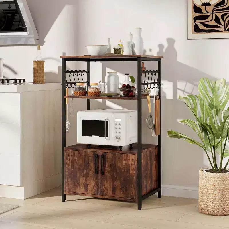 Étagère de cuisine à 3 niveaux Costway avec placard 2 étagères ouvertes 10 crochets en S