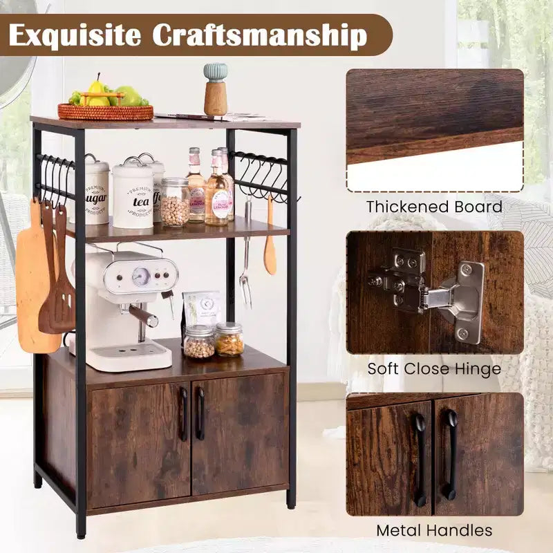 Étagère de cuisine à 3 niveaux Costway avec placard 2 étagères ouvertes 10 crochets en S