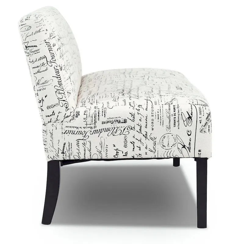 Causeuse moderne avec revêtement en tissu à motif cursif blanc cassé et pieds en bois noir - 50 x 28 x 30,5 (L x l x H)