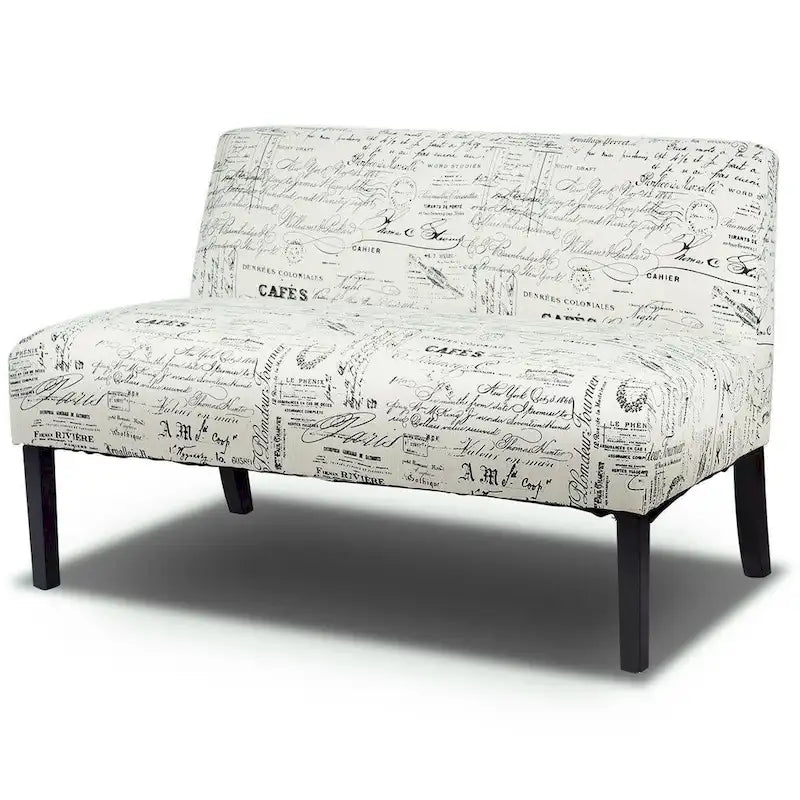 Causeuse moderne avec revêtement en tissu à motif cursif blanc cassé et pieds en bois noir - 50 x 28 x 30,5 (L x l x H)