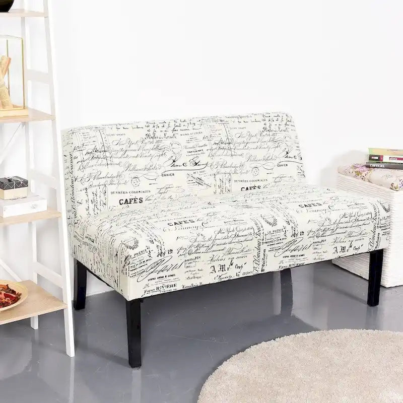 Causeuse moderne avec revêtement en tissu à motif cursif blanc cassé et pieds en bois noir - 50 x 28 x 30,5 (L x l x H)