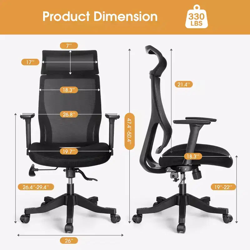 Chaise de bureau ergonomique en maille avec accoudoirs 3D, appui-tête et support lombaire