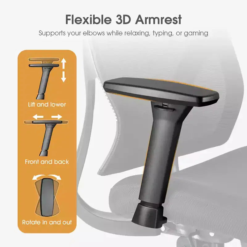 Chaise de bureau ergonomique en maille avec accoudoirs 3D, appui-tête et support lombaire