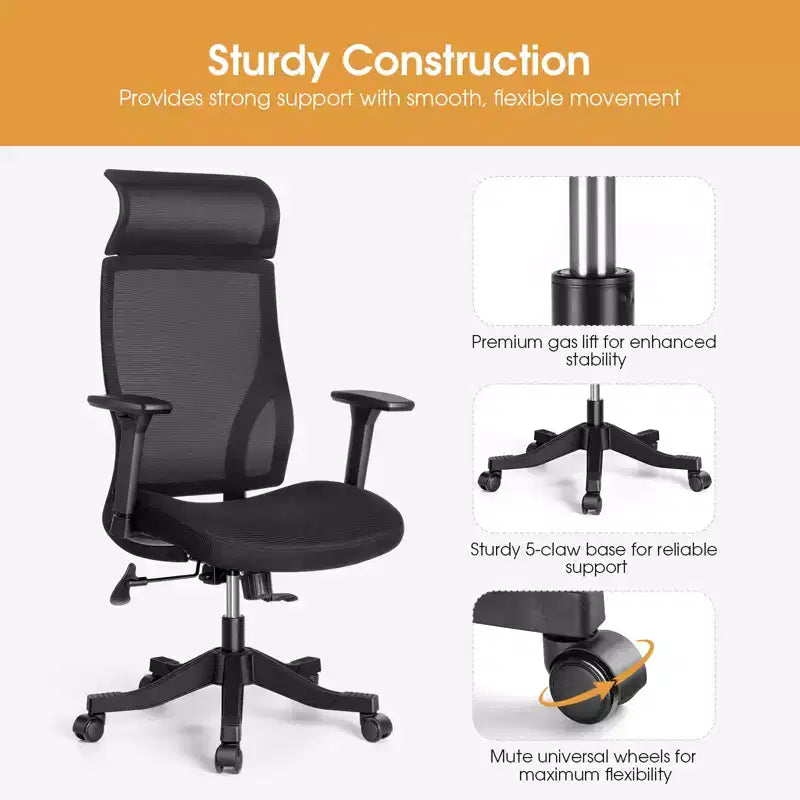 Chaise de bureau ergonomique en maille avec accoudoirs 3D, appui-tête et support lombaire