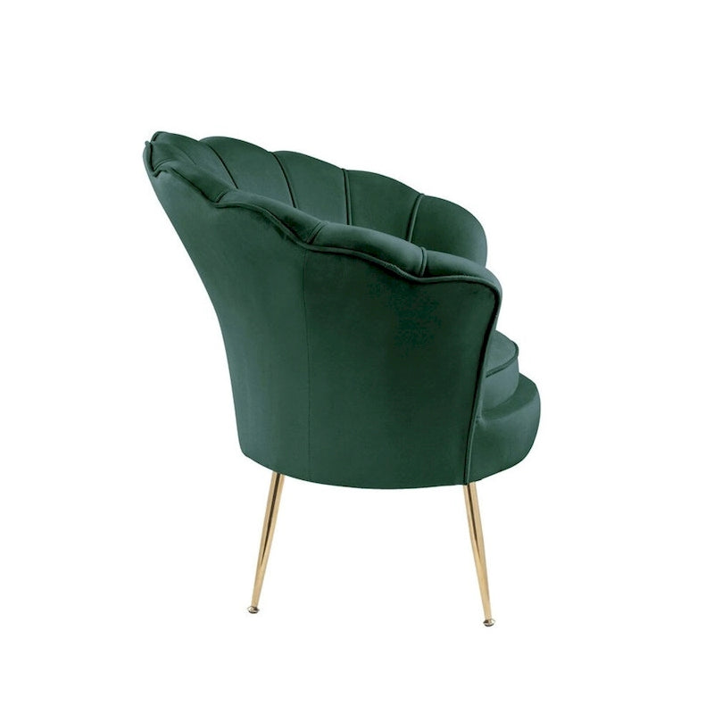 Fauteuil crapaud en velours avec dossier festonné et pieds en métal