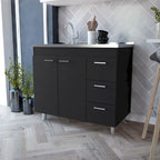 Darien melamine base cabinet, three drawers and stainless steel top. - N/A
