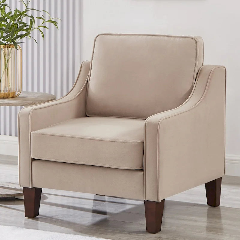 Fauteuil, canapé simple de salon avec pieds en bois, fauteuil d'appoint en velours rembourré