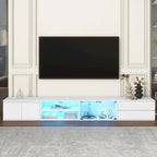 Meuble TV LED pour téléviseurs jusqu'à 105 pouces, Console multimédia avec portes en verre trempé, Meuble de divertissement avec 2 tiroirs et placards