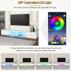 Meuble TV LED pour téléviseurs jusqu'à 105 pouces, Console multimédia avec portes en verre trempé, Meuble de divertissement avec 2 tiroirs et placards