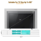Meuble TV LED pour téléviseurs jusqu'à 105 pouces, Console multimédia avec portes en verre trempé, Meuble de divertissement avec 2 tiroirs et placards