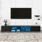 Meuble TV LED pour téléviseurs jusqu'à 105 pouces, Console multimédia avec portes en verre trempé, Meuble de divertissement avec 2 tiroirs et placards